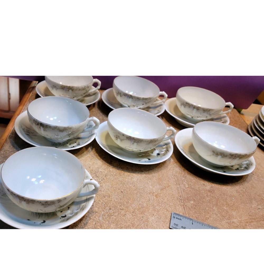 Vintage Japanese Eggshell Porcelain Crane Tea Set 18pc Cups Saucers Plates Gold